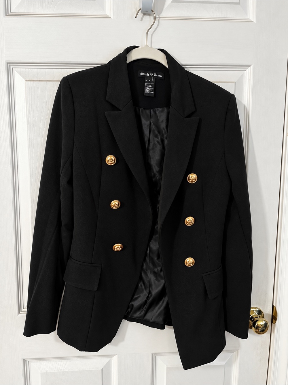 Women's Black Double-Breasted Blazer with Gold Buttons
